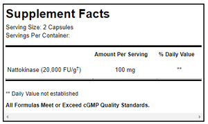 Supplement facts for Nattokinase listing ingredients including Nattokinase
