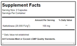 Supplement facts for Nattokinase listing ingredients including Nattokinase