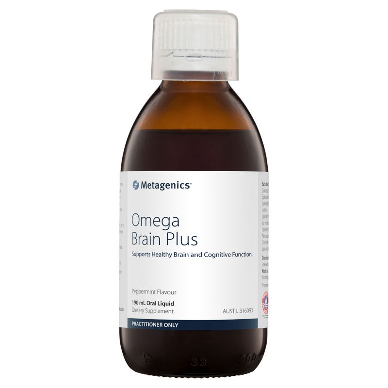 A supplement bottle with the name Omega Brain Plus by Metagenics