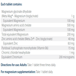 Ingredients including Magnesium glycinate dihydrate, Magnesium bisglycinate, Magnesium amino acid chelate, Zinc amino acid, Meta Zn, Meta Zinc, Zinc bisglycinate, Pyridoxal 5-phosphate monohydrate, vitamin b6, p5p, Chromic choride, hexahydrate, Chromium.