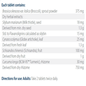 Text listing the ingredients including Brassica oleracea, Broccoli, Silybum marianum, milk thistle, Cynara scolymus, globe artichoke, Schisandra chinensis, Schisandra, Curcuma longa, BCM-95, tumeric, 