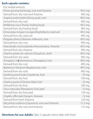 Text listing the ingredients including Panax ginseng, Angelica polymorpha, Dong quai, Wolfiporia cocos, Poria, Dimocarpus Longan, Nephelium, Polygala sibirica, Siberian milkwort, Atractylodes macrocephala, Atractylodes, Ziziphus jujuba var. spinosa, Astragalus membranaceus, Bupleurum falcatum, Gardenia jasminoides, Chinese date, Citrus reticulata, Mandarin, Zingiber officinale, Ginger, Glycyrrhiza uralensis, Liquorice