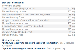 Text listing the ingredients including Zingiber officinale, Ginger, Rhizome, Matricaria chamomilla, German chamomile, Frangula purshiana, Carscara, Rhamnus, Cinnamomum cassia, Cinnamon, Rheum officinale, Rhubarb