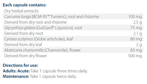 Text listing the ingredients including Curcuma Longa, Bcm-95, Tumeric, Glycyrrhiza glabra, Gutguard liquorice, Cynara scolymus, globe artichoke, Matricaria chamomilla, Chamomile