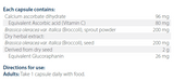 Ingredients including Calcium ascorbate dihydrate, Ascorbic acid, Vitamin C, Brassica oleracea var. italica, Broccoli sprout powder, Broccoli seed, Glucoraphanin.