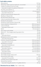 Text listing the ingredients including, Betacarotene, Mixed tocopherols, d-alpha-tocopheryl acid succinate, vitamin e, ascorbic acid, vitamin c, Colecalciferol, vitamin d3,  Thiamine, hydrochloride, vitamin b1, riboflavin, vitamin b2, Nicotinamide, vitamin b3, Calcium pantothenate, vitamin b5, p5p, Pyridoxal 5-phosphate, zinc, boron, molybdenum, grape seed, vitis vinifera, green tea,egcg