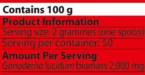 Supplement facts for Reishi-MRL ™ 100g listing ingredients including Ganoderma Lucidum, Reishi