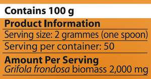 Supplement facts for Maitake-MRL ™ 100g listing ingredients including Grifola frondosa