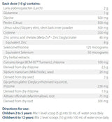 Ingredients including Larix arabinogalactan, larch, Glutamine, Pectin, Citrus, Ulmus rubra, Slipperly elm, Cysteine, Zinc Bisglycinate, Zinc, Selenomethione, Selenium, Curcuma longa, BCM-95, Tumeric, Rhizome, Silybum marianum, Milk Thistle, Glycyrrhiza glabra, Deglycyrrhizinised liquorice, Althaea officinalis, Marshmallow