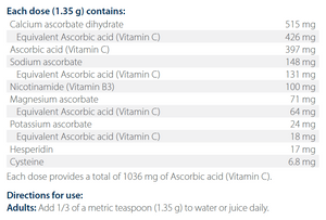 Text listing the ingredients including Calcium ascorbate dihydrate, Vitamin C, Ascorbic acid, Nicotinamide asorbate, Sodium ascorbate, Magnesium ascorbate monhydrate, Potassium ascorbate, Hesperidin, Cysteine hydrochloride monohydrate