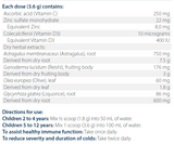 A list of ingredients including Ascorbic acid, Vitamin C, Zinc sulfate monohydrate, Colecalciferol, Vitamin D, D3, Astragalus membranaceus root, Ganoderma lucidum, Reishi, Olea europea, Olive, Glycyrrhiza, Liquorice root.