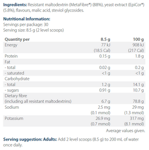 Ingredients including Resistant maltodextrin, Metafibre, Yeast extract