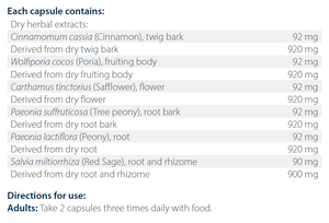 Ingredients including Cinnamomum cassia, Cinnamon, Wolfiporia cocos, Poria, Carthamus tinctorius, Safflower, Paeonia suffruticosa, Tree Peony, Paeonia lactiflora, Peony, Salvia miltiorrhiza, Red sage.