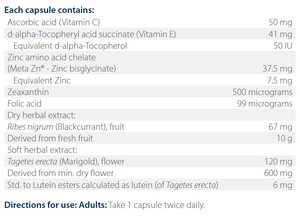 Text listing the ingredients including Ascorbic acid, vitamin c, D-alpha-Tocopheryl acid succinate, vitamin e, Zinc, Zinc bisglycinate, Zeaxanthin, Folic acid, Ribes nigrum, black current, Tagetes erecta, Marigold, Lutein, Tagetes erecta