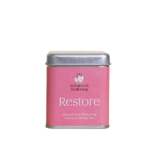 A supplement container of Restore Premium Herbal Tea by Enhanced Wellbeing