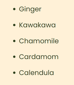 Supplement facts for Relief Premium Herbal Tea listing ingredients including Black Cardamom, Calendula Extract, Chamomile, Ginger, Kawakawa Leaf Powder