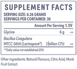 Supplement facts for Gut Drink Probiotics listing ingredients including Bacillus Coagulans, Bacillus coagulans MTCC 5856, Citric Acid, Glycine, Monk Fruit Extract