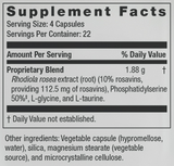 Supplement facts for Calm PRT listing ingredients including Glycine (L-Glycine), Phosphatidylserine, Rhodiola (Rhodiola rosea), Rosavins, Taurine (L-Taurine)