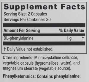 Supplement facts for Focus DL listing ingredients including DL-Phenylalanine