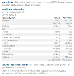 A list of ingredients including Maltodextrin, Red yeast rice extract, Steviol glycosides.