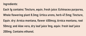 Supplement facts for Burns and Bites Cooling Gel listing ingredients including Aloe Vera, Arnica montana, Echinacea Angustifolia, Echinacea purpurea, Ethanol