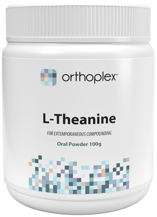 A supplement container of L-Theanine 100g by Orthoplex