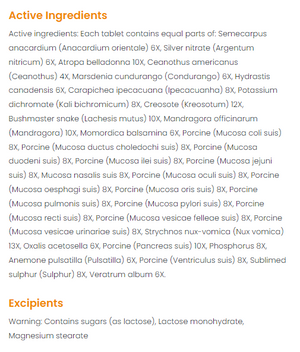 Supplement facts for Mucosa Compositum
