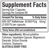 Supplement facts for Nattokinase listing ingredients including Alpha Lipoic Acid, Cellulose (vegetarian capsule), Magnesium stearate, Microcrystalline cellulose silicified, Nattokinase