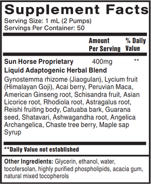 Supplement facts for Thrivagen Adaptogenic Elixir - Liposomal listing ingredients including Acai Berry, American Ginseng, Angelica Sinensis, Ashwagandha, Astragalus