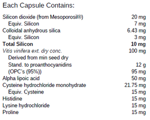 Supplement facts for Silica Advanced listing ingredients including Alpha Lipoic Acid, Collodial Anhydrous Silica, Colloidal silicon dioxide, Cysteine, Grape (Vitis vinifera)