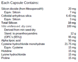 Supplement facts for Silica Advanced listing ingredients including Alpha Lipoic Acid, Collodial Anhydrous Silica, Colloidal silicon dioxide, Cysteine, Grape (Vitis vinifera)