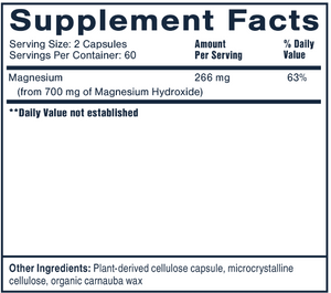 Supplement facts for Magnesium Hydroxide listing ingredients including Magnesium, Magnesium Hydroxide