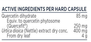 Supplement facts for Quercetin + Nettles listing ingredients including Nettle extract, Quercetin, Quercetin (Quercefit), Quercetin dihydrate, Urtica Urens