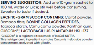 Supplement facts for EnduraDERM listing ingredients including Bamboo extract, Bovine Collagen Peptides, Camu camu, Carrot extract, Cucumis melo