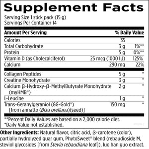 Ingredients: Vitamin D, Calcium, Collagen Peptides, Creatine Monohydrate, Calcium B-Hydroxy-B-Methylbutyrate Monohydrate, L-Leucine, Trans-Geranylgeraniol (GG-Gold).