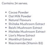 Supplement facts for Functional Mushroom Latte listing ingredients including Cocoa Powder, Grifola frondosa, Lion's Mane (Hericium erinaceus), Lion's mane, Maitake