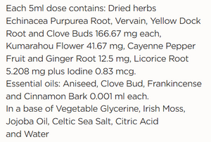 Supplement facts for Immune Tonic listing ingredients including Aniseed, Cinnamomum cassia, Cinnamon, Citric Acid, Clove bud