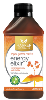 A supplement container of Energy Elixir 250ml by Harker Herbals