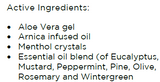 Supplement facts for Bruise & Muscle Rub 100ml listing ingredients including Aloe Vera, Black Mustard, Eucalyptus Oil, Menthol, Olive extract