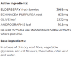 Supplement facts for Vira Guard listing ingredients including Andrographis paniculata, Chicory extract, Citric Acid, Echinacea Angustifolia, Echinacea purpurea