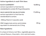 Supplement facts for Vitamin C Elderberry + Zinc 200ml listing ingredients including Anthocyanins, Ascorbic Acid, Chicory extract, Citric Acid, Elderberry extract