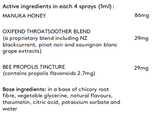 Supplement facts for Throat Spray 30ml listing ingredients including Bee propolis, Bioflavonoids, Black Currant Extract, Chicory extract, Citric Acid