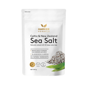 A supplement container of Celtic & New Zealand Sea Salt with Kelp 300g by Harker Herbals