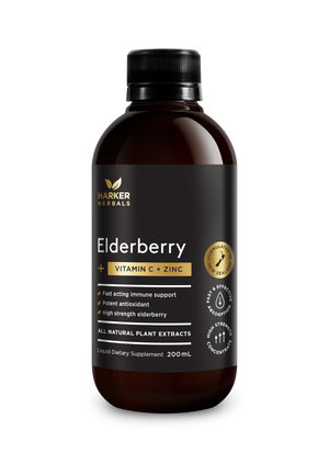 A supplement container of Vitamin C Elderberry + Zinc 200ml by Harker Herbals
