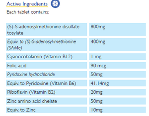 Supplement facts for SAMe 400 Complex listing ingredients including Cyanocobalamin, Folic acid, S-Adenosyl-L-Methionine, S-Adenosyl-L-methionine, S-adenosyl-L-methionine (SAMe)