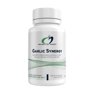 A supplement container of Garlic Synergy by Designs for Health