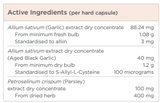 Supplement facts for Garlic Synergy listing ingredients including Alliin, Allium sativum, Cysteine, Cysteine (L-Cysteine), Garlic extract