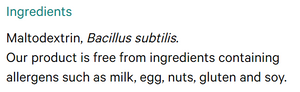 Supplement facts for Daily Peribiotic - 30x1g Sachets listing ingredients including Bacillus Subtilis, Maltodextrin resistant, Tapioca maltodextrin