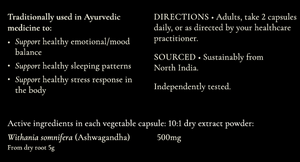 Supplement facts for Ashwagandha - 240 caps listing ingredients including Ashwagandha, Ashwagandha (Withania somnifera)