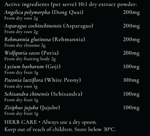 Supplement facts for I AM GAIA listing ingredients including Angelica sinensis, Asparagus, Dong Quai, Goji berry, Hoelen (Wolfiporia extensa)